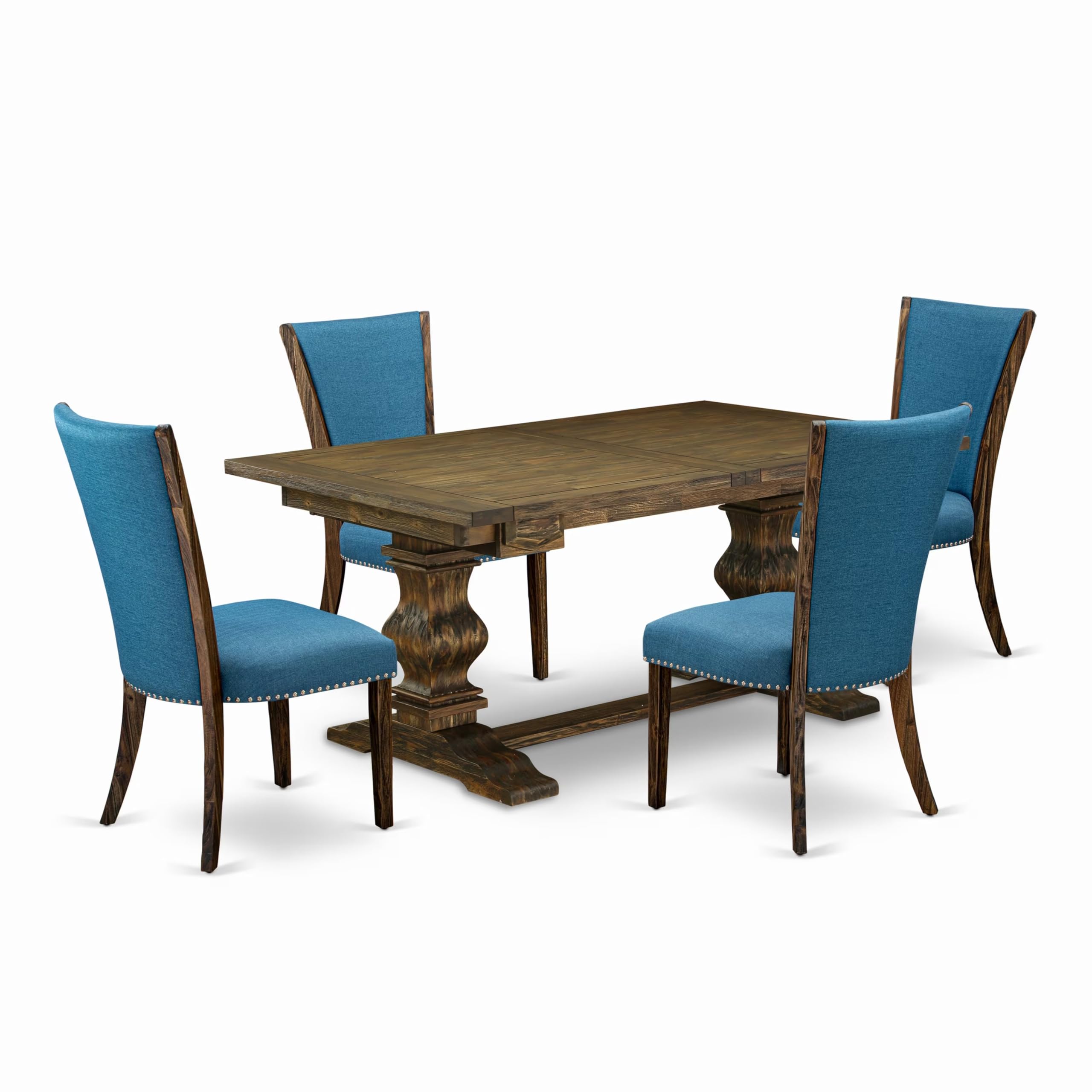 East West Furniture Lave5-77-21 5 Piece Dining Table Set Includes A Rectangle Kitchen Table With Removable Leaf And 4 Blue Color Linen Fabric Upholstered Chairs, 42X92 Inch, Jacobean